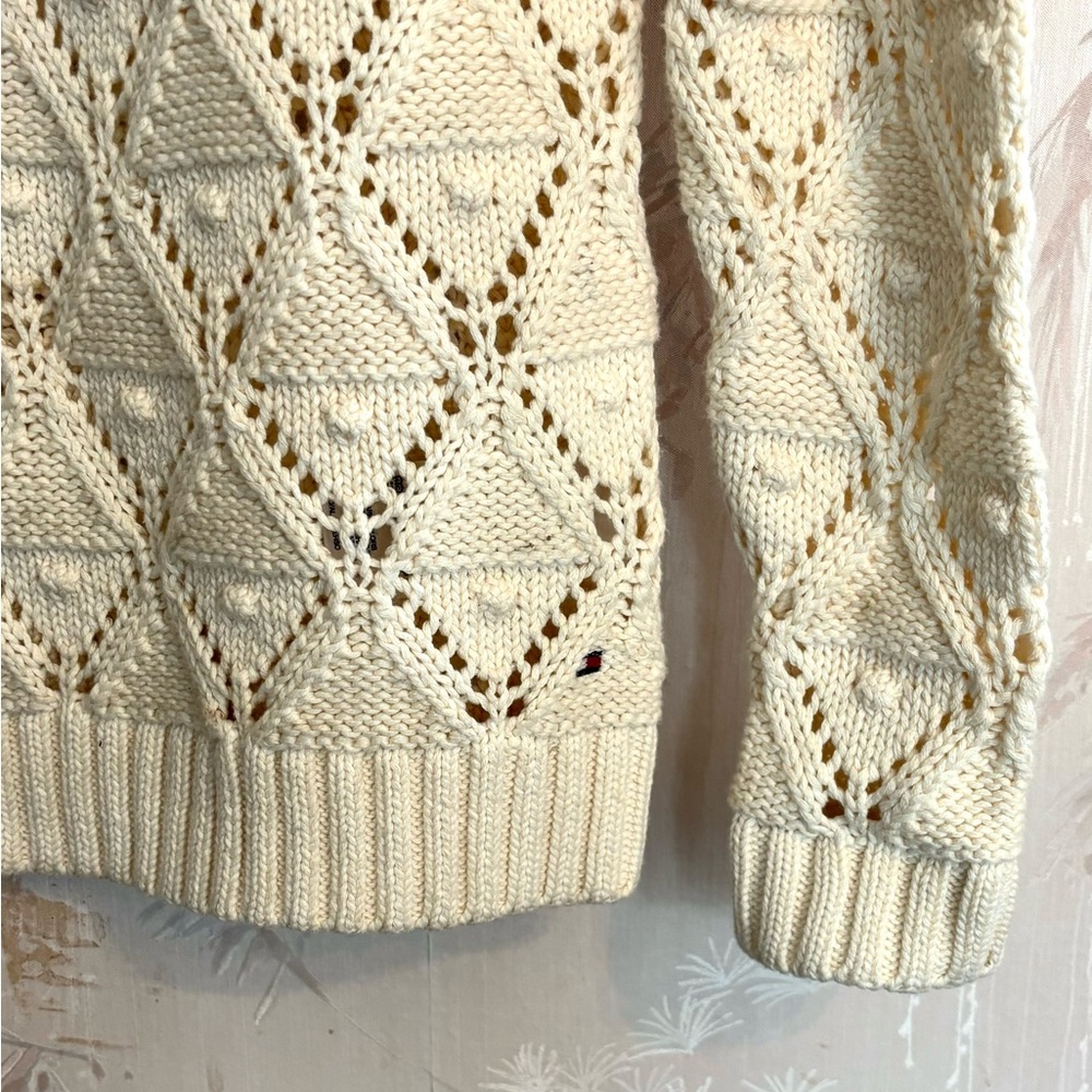 Tommy Hilfiger Cream Open Knit Diamond Pointelle Pom Pom Sweater SP - Picture 6 of 8